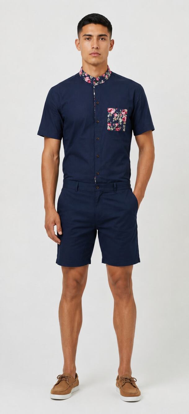 RomperJack Men's Navy Rose Floral Trim Short Sleeve Romper Size Small